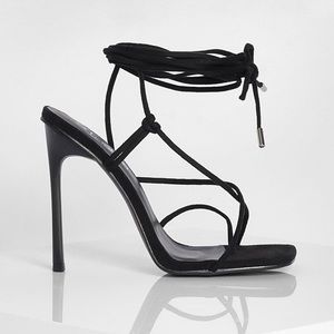 Boohoo square toe lace up heel faux suede wrap around ankle- size 10